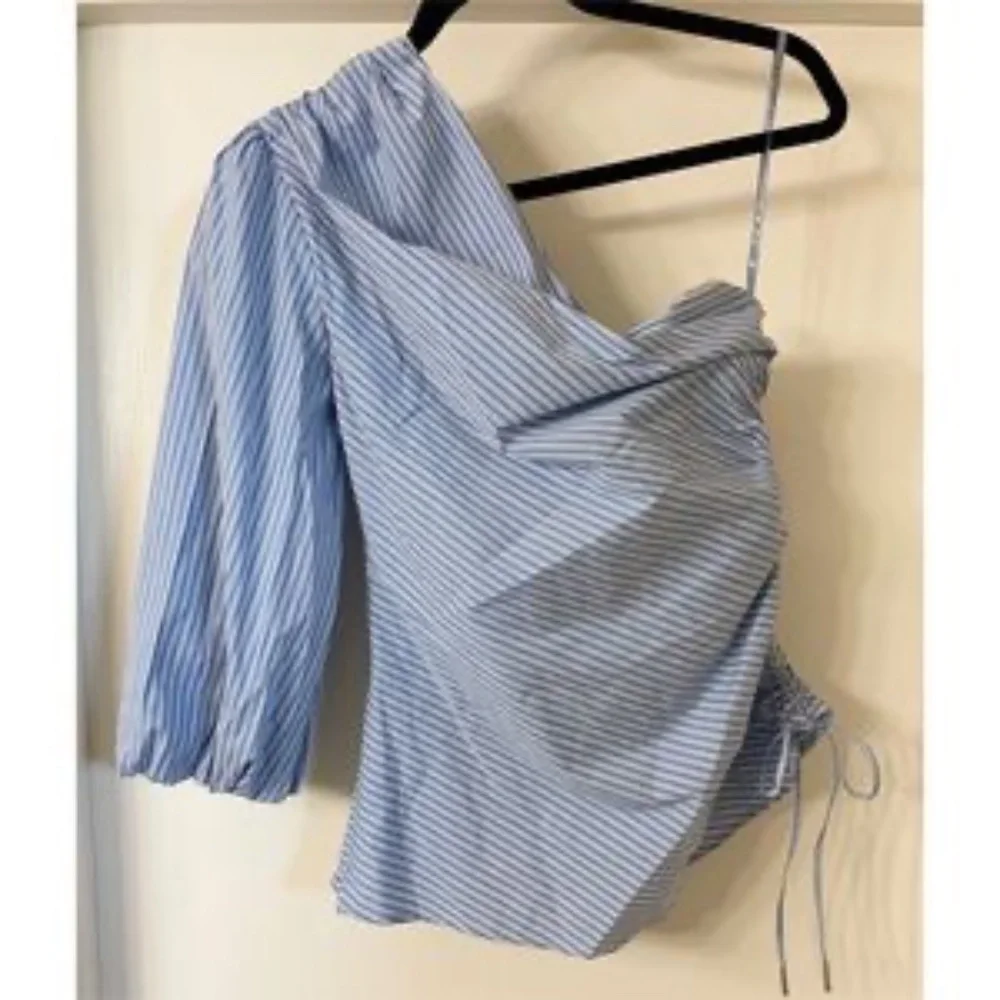BCBGMaxAzria Blue Striped Ruched Poplin Top Size Small - Picture 10 of 15